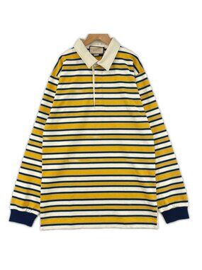 Gucci 23 AW 100% Cotton Striped Long Sleeve Polo Shirt With Back Logo